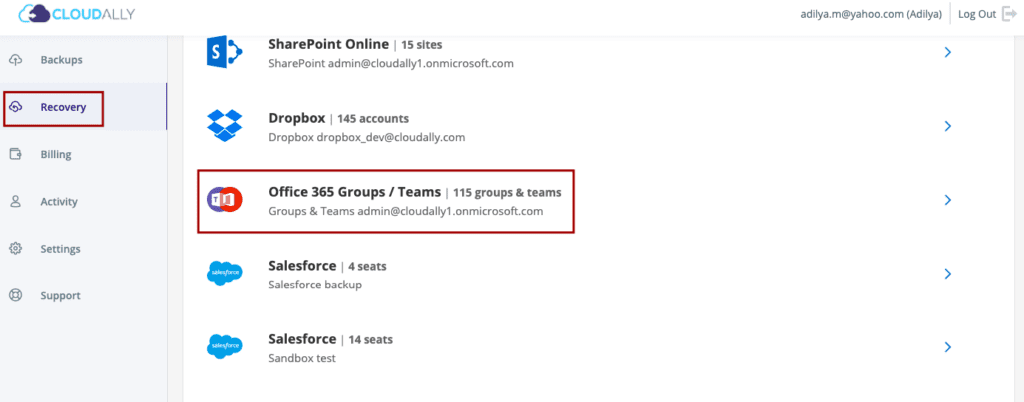 Step 1: Select Office 365 Groups Teams from CloudAlly’s UI and select your Team name