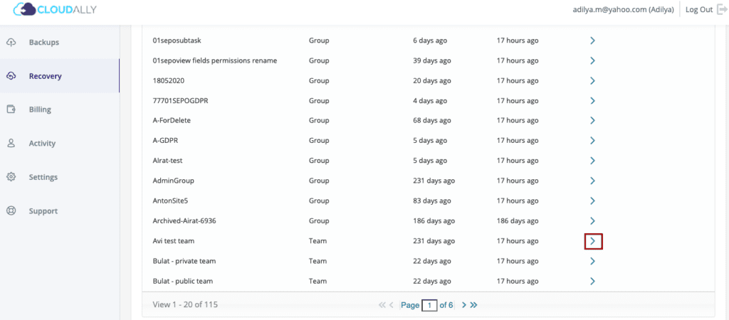 Step 1: Select Office 365 Groups Teams from CloudAlly’s UI and select your Team name