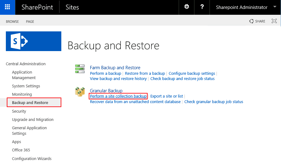 backup and restore sharepoint sites - central administration