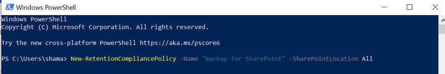 setup sharepoint retention policy with powershell
